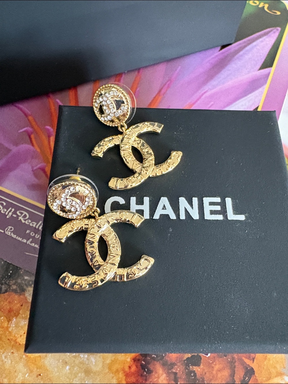 CHANEL Gold CC Drop Earrings with Crystal Accents - Gold - Picture 2 of 8